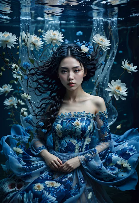 imagine, dream of, cinematic photo floating dress, water, woman, Photography, artistic, fantasy, ethereal, dreamy, surreal, vibrant colors, intricate details, emotional depth, fantastical elements, serene, contemplative, and otherworldly. The image captures a woman submerged in water, surrounded by floating floral patterns. She wears a dress adorned with intricate blue and white designs, and her long hair is styled in a braid. Her gaze is intense, and she appears to be lost in thought. The overall mood of the photograph is dreamy and ethereally beautiful, floating dress, water, woman, Photography, artistic, fantasy, ethereal, dreamy, surreal, vibrant colors, intricate details, emotional depth, fantastical elements, serene, contemplative, and otherworldly. The image captures a woman submerged in water, surrounded by floating floral patterns. She wears a dress adorned with intricate blue and white designs, and her long hair is styled in a braid. Her gaze is intense, and she appears to be lost in thought. The overall mood of the photograph is dreamy and ethereally beautiful . 35mm photograph, film, bokeh, professional, 4k, highly detailed