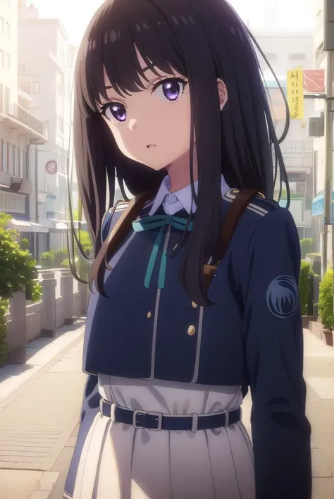 anime girl in uniform standing on a city street with buildings in the background