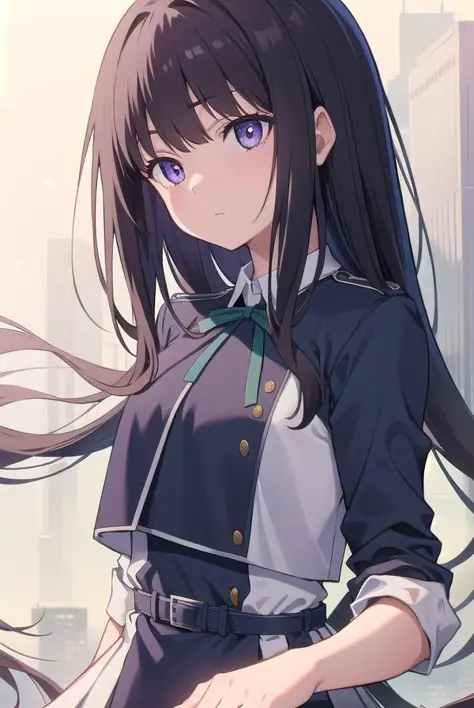 takinainoue, inoue takina, long hair, bangs, black hair, (purple eyes:1.2), BREAK shirt, long sleeves, dress, ribbon, , white shirt, collared shirt, belt, neck ribbon, blue dress, green ribbon, pleated dress, grey dress, two-tone dress, blue belt, lycoris uniform, BREAK outdoors, city, BREAK (masterpiece:1.2), best quality, high resolution, unity 8k wallpaper, (illustration:0.8), (beautiful detailed eyes:1.6), extremely detailed face, perfect lighting, extremely detailed CG, (perfect hands, perfect anatomy),