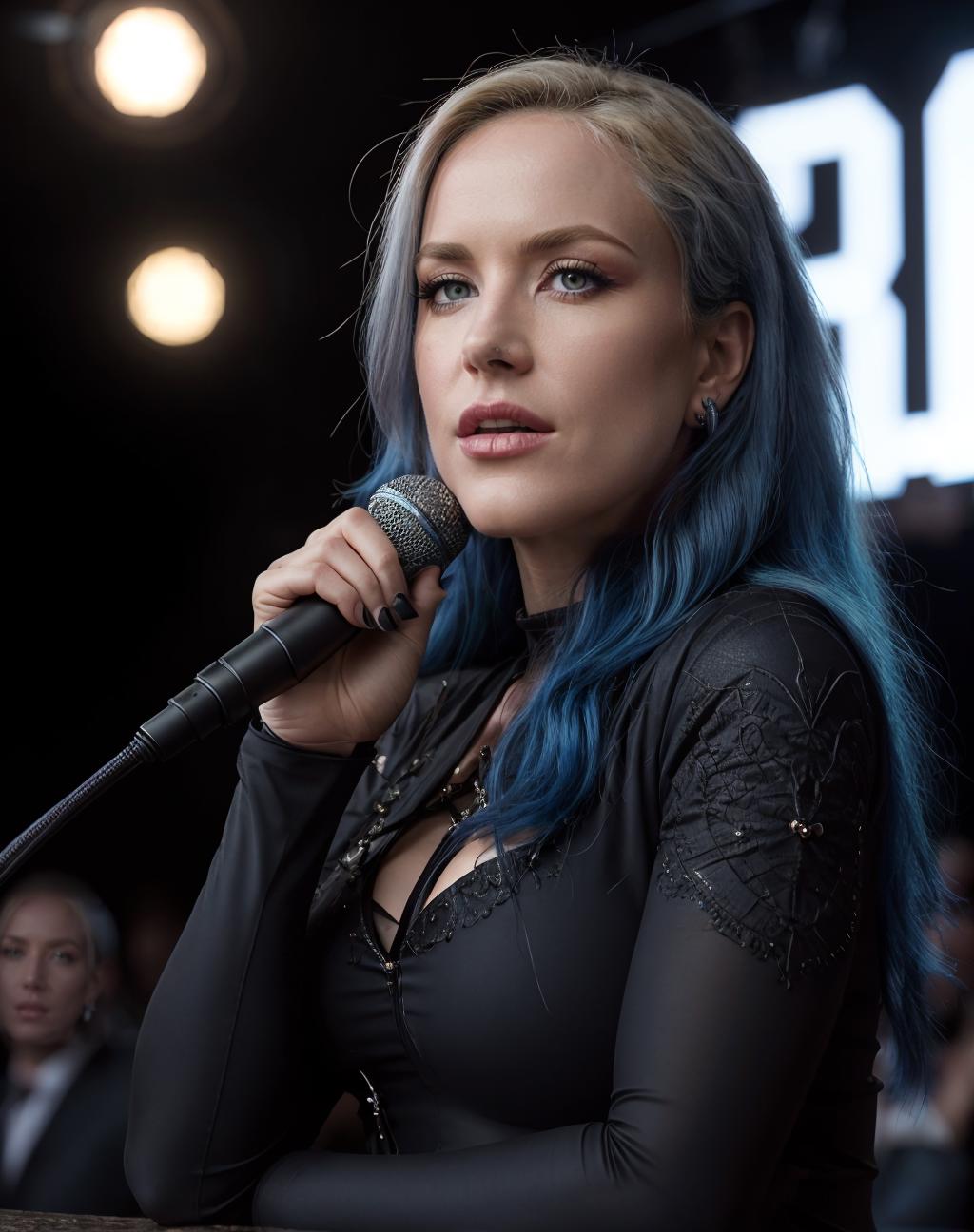 A woman with blue hair and a microphone in front of a crowd - SeaArt AI