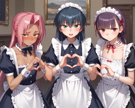 three anime girls in maid uniforms making a heart with their hands