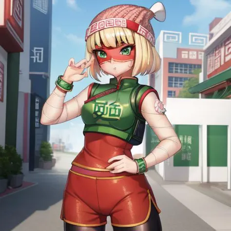 <lyco:anime girl - min min:1.0>, min_min, shiny skin, mask, beanie, blush, short hair, chinese clothes, leggings, shorts, green ...