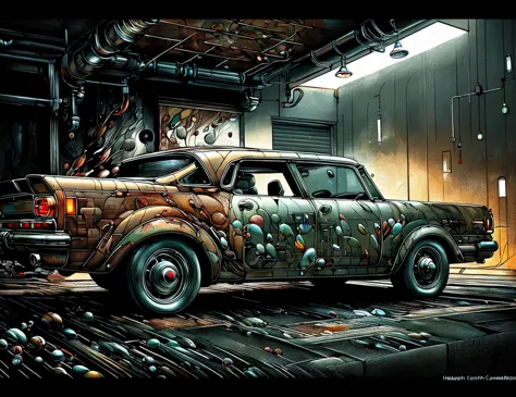 masterpiece, awesome quality, cinematic lighting, detailed, DonMFr4ctur3dD1ff  Conveyance,  hydrophobic glass, hazard lights, brush guard, cat-back exhaust, ceramic, rusty, glossy varnish, worn patina,  , candyland <lora:DonMFr4ctur3dD1ff:1>