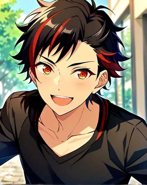 anime boy with red eyes and black shirt smiling at camera