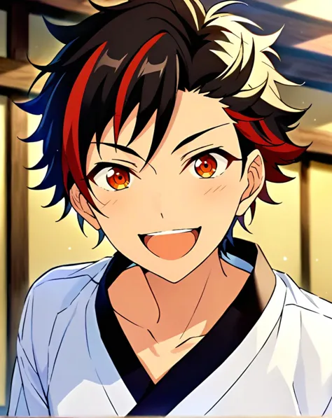 anime boy with red eyes and black hair smiling