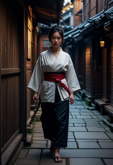 (medium full shot) of (attractive young woman:1.1) korean ninja, black hair, hairbun, dark brown eyes, petite,             wearing Shinobi kimono with hidden pockets, kunai holster sash, straw sandals with ankle wraps scared at the viewer,  she's brushing her hair with her fingers,  .set in  Shadowy Alley in edo era, Damp corridor lined with weathered wooden doors, laundry hanging on lines above, faint scent of incense lingering in the air, ominous graffiti painted on walls, and shadows dancing eerily in the moonlight , at sunset. ,Masterpiece,best quality, photorealistic, amazing quality, very aesthetic, extremely detailed face,