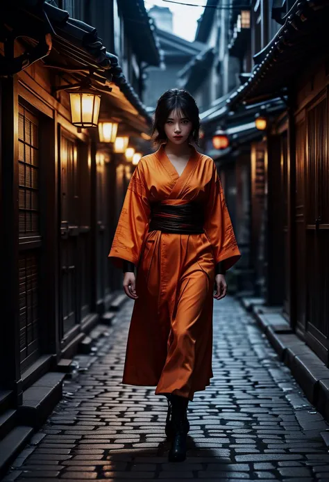 (medium full shot) of (angelic young woman:1.1) korean ninja, black hair, hime haircut, dark brown eyes, petite,             wearing Fiery red and orange outfit with flame patterns, fingerless gloves, ninja mask, combat boots scared at the viewer,  she's brushing her hair with her fingers,  .set in  Shadowy Alley in edo era, Narrow passage with uneven cobblestone flooring, flickering lanterns casting dim light, wooden barrels stacked against walls, stray cats darting between shadows, and the distant sound of echoing footsteps , at night. ,Masterpiece,best quality, photorealistic, amazing quality, very aesthetic, extremely detailed face,