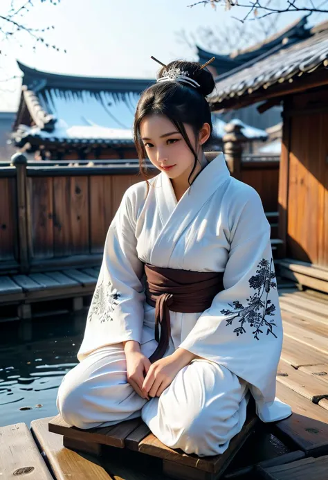 (medium full shot) of (lovely young woman:1.1) korean ninja, black hair, hairbun,  brown eyes, curvy,             wearing frosty...