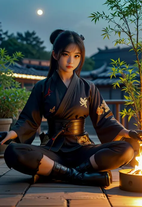 (medium full shot) of (sexy young woman:1.1) japanese ninja, black hair, straight hair,  brown eyes, petite,             wearing...