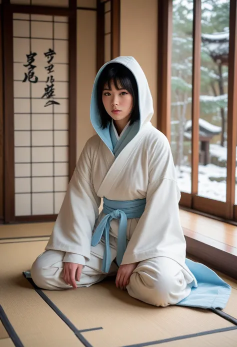 ((fashion photography)), perfect face, perfect eyes, (medium full shot) of  (supermodel ninja) japanese young woman, full-figured, black hair, hime haircut,  brown eyes, wearing white jumpsuit with icy blue trim, hooded cloak, ninja mask, snow boots, set in  ancient temple from the edo era, Meditation Chamber, Quiet retreat with sliding shoji screens, soft tatami mats covering the floor, a solitary cushion for meditation, a simple calligraphy scroll hanging on the wall, a tranquil rock garden outside the window, and the faint scent of sandalwood incense lingering in the air , at sunset, surprised, open mouth, running toward the viewer, masterpiece, best quality, photorealistic, very aesthetic