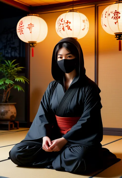 (medium full shot) of (esthetic young woman:1.1) japanese ninja, black hair, hime haircut,  brown eyes, curvy,             weari...