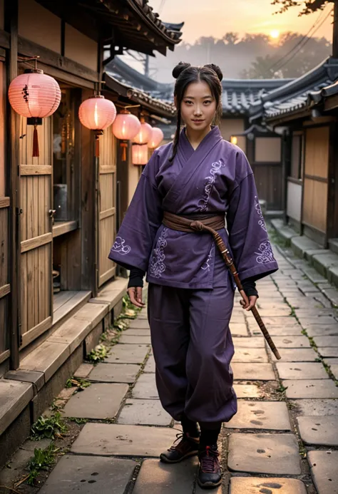 (medium full shot) of (agile ninja) korean young woman, slender build, black hair, hairbun, dark brown eyes, wearing a stealth hood, shadow purple long-sleeved ninja top with swirling patterns, loose-fitting pants, padded shoes, bo staff, fingerless gloves arm guards, set in  Shadowy Alley in edo era, Serpentine lane lined with weather-beaten paper lanterns, wisps of fog clinging to the ground, shuttered windows concealing secrets, the occasional flicker of a lone candle, the muffled laughter of revelers from a hidden sake house , at sunset, woman smiling, ,Masterpiece,best quality, photo, realistic, very aesthetic, detailed face,