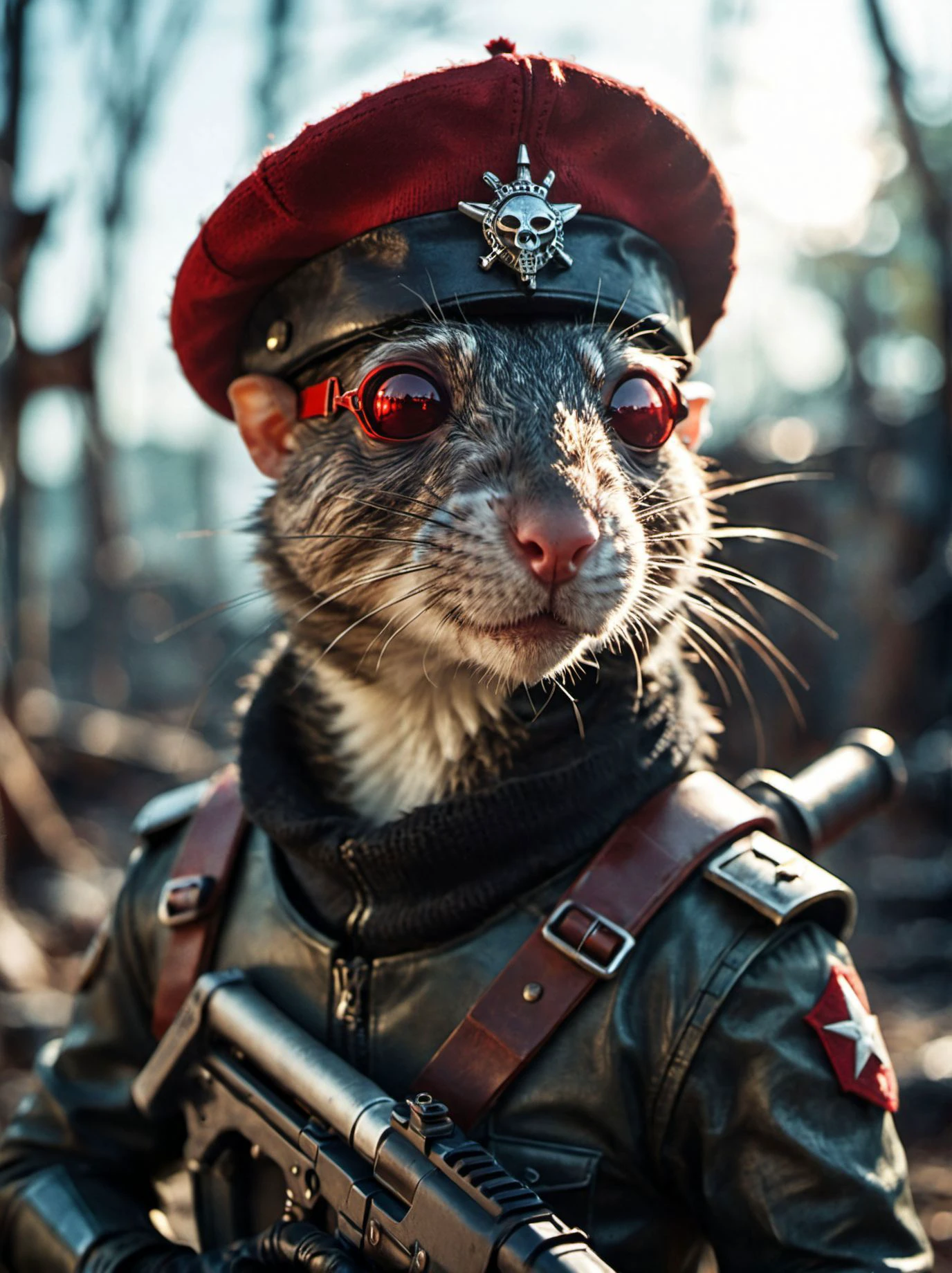 Портрет в антиутопическом стиле, сюрреалистический, (боке:1.1), ГРИП, внушающий трепет, величественный, подавляющий, угрожающая гуманоидная крыса, носящая (берет, фашистские военные:1.3) металлический научно-фантастический громоздкий (кожа и механическая броня:1.1) и солнцезащитные очки с (red берет:1.05) держит большой (Белая винтовка:1.35), резкие тени, (солнечные лучи:1.1)
 мечтательная атмосфера . мрачный, постапокалиптический, мрачный, Драматический, очень подробный