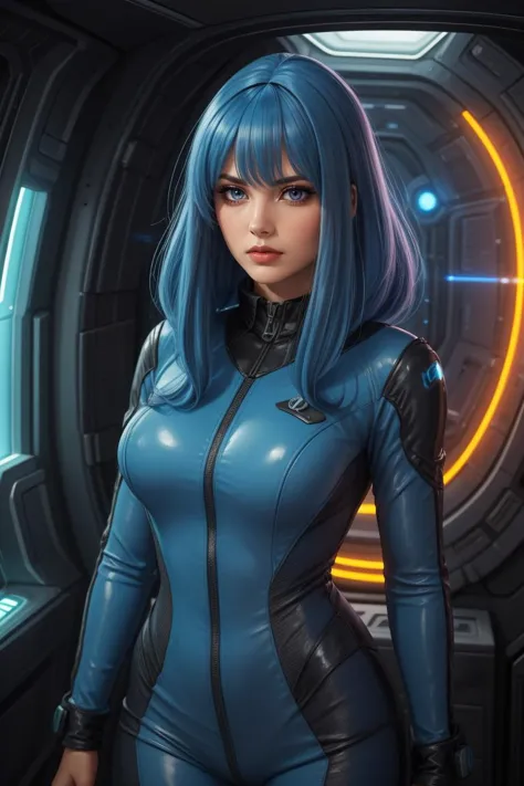 portrait, adult woman, 38 year old female, medium breasts, wearing, year 1960, standing, cinematic, dramatic, 4k, long dark blue wig,  HUD_B_Wg, <lora:HUD_B_Wg:0.6> laser gun, inside of a spaceship of slime creatures two