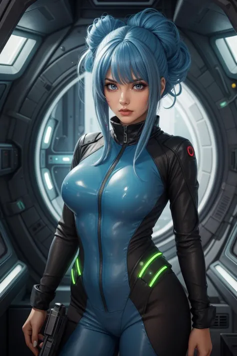 portrait, adult woman, 38 year old female, medium breasts, wearing, year 1960, standing, cinematic, dramatic, 4k,blue wig,  HUD_B_Wg, <lora:HUD_B_Wg:0.6>updo, laser gun, inside of a spaceship of slime creatures