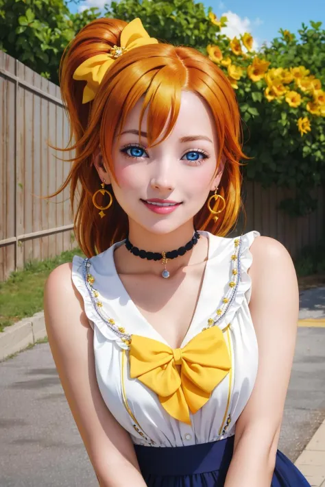 professional photo of kousaka honoka, yellow hair bow, one side up, orange hair, blue eyes, medium hair, looking at viewer, smile, jewelry, earrings, sky, choker,
detailed skin, detailed eyes,
photo made with Canon EOS in naturalistic style photography,
popular on artstation, popular on deviantart, popular on flicker,
