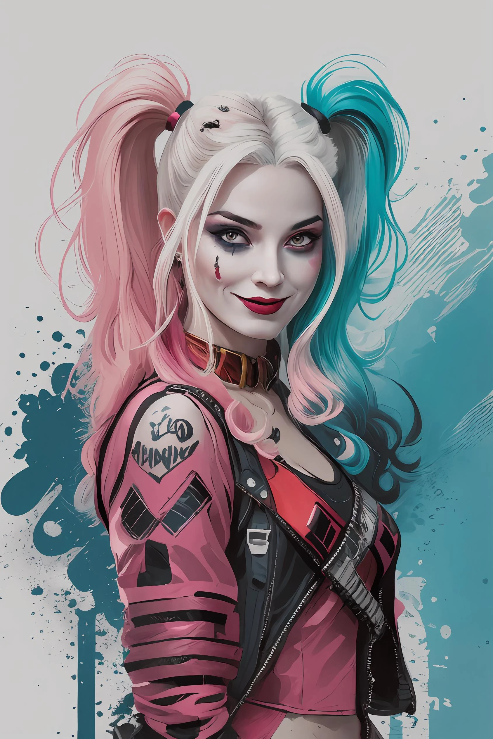 Harley Quinn, 1 Mädchen, lächeln, (teuflisch:1.5)  Zwillingsschwänze, (Blau+Rosa hair:1.3), (Blau+Rosa+weiße Farbe:1.3), (weißer Hintergrund:1.2), (Vektorgrafiken:1.5), (punk style:1.5), (lineart:1.5), gute Qualität, Hochdetailliert, filmisches Licht, dramatisches Licht 