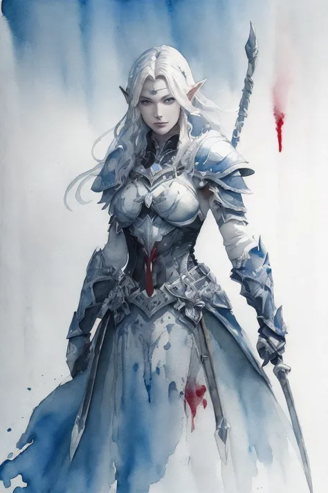 lineage 2, 1girl,  (Dark Elf:1.5),  (weapon), (chrome), armor, shield, metal, (fighting), (attack), (blood splash:1.5), white ba...