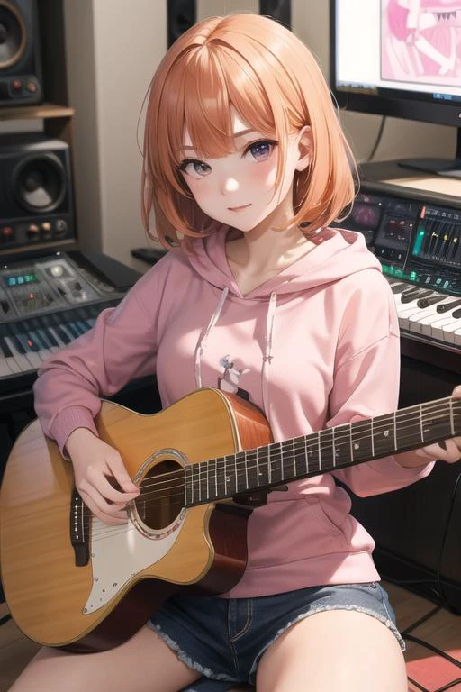 日本人1少女の移植,22歳,詳細な顔 ,オレンジ色の髪, ピンクのパーカー,ハンドオンギター, 座っている, レコーディングスタジオ,薄暗い結紮