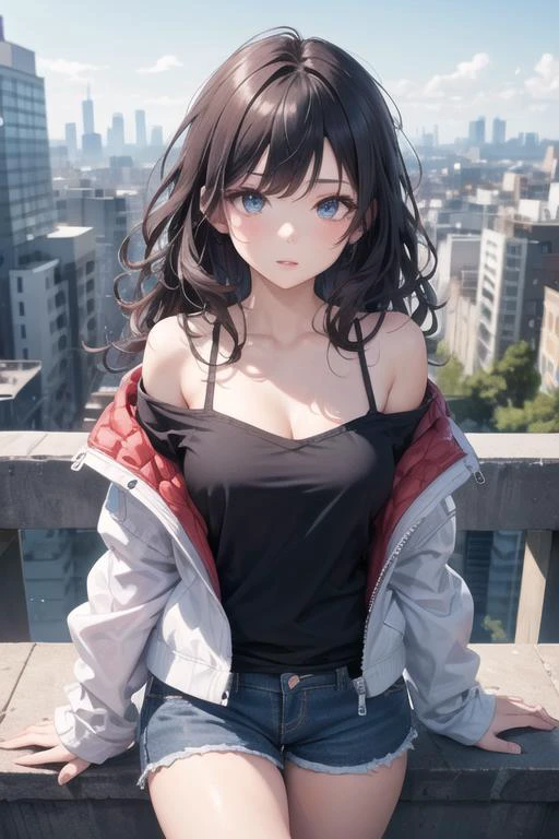 1girl,cute, medium breasts,  wavy hair,  looking at viewer,crystal eyes, black hair,day,cityscape, shorts, off shoulder, bare shoulders, open jacket , detailed background,glossy lips,