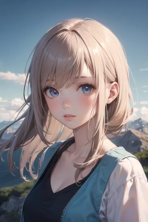 1girl,floating hair,soothing tones, muted colors,cute detailed face,hyperrealism,mountainous horizon,