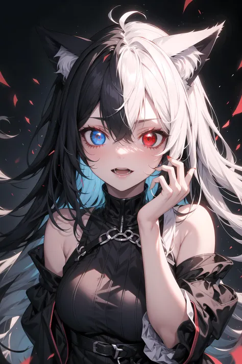 1girl, long hair, cat ears, psychotic, glowing eyes, <lora:PSYCHOPHONKY:0.3> BREAK
black hair, blue eye BREAK
white hair, red ey...