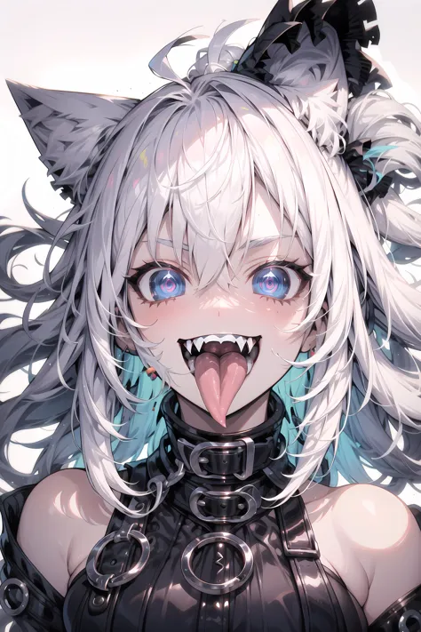 1girl, white hair, long hair, blue eyes, cat ears, <lora:PSYCHOPHONKY:1> psychophonky, crazy smile, fangs, tongue sticking out
