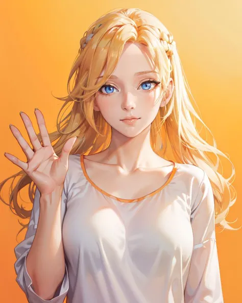 (masterpiece, best quality), perfect face, perfect (blue eyes) with white sclera, blonde hair, mercy, (casual clothes, orange sleepwear:1.3), yellow background, Wood pattern, Waving, long curly hair, (mature female), solo, 1girl, closed mouth, edgQuality 