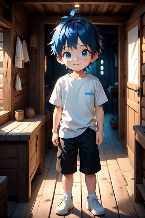 anime boy with blue hair and white shirt standing in a room