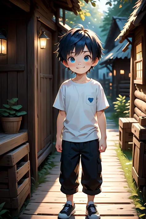 <lora:cutifiedanimecharacterdesign_variant_type_A_SDXL_v10:0.7>
one boy standing alone in a wooden village,  eyes are blue,  hair is short, wearing a white t-shirt and black box pants,
full body, looking at viewer, smile,
The soft lighting and detailed surroundings create an immersive environment where imagination runs wild,
hyper-detailed, high quality visuals, dim Lighting, ultra-realistic, sharply focused, octane render, 8k UHD