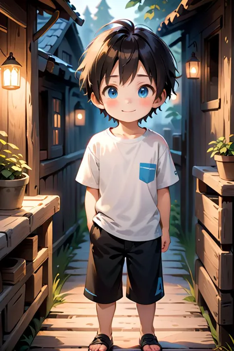 a boy standing on a wooden walkway in front of a house