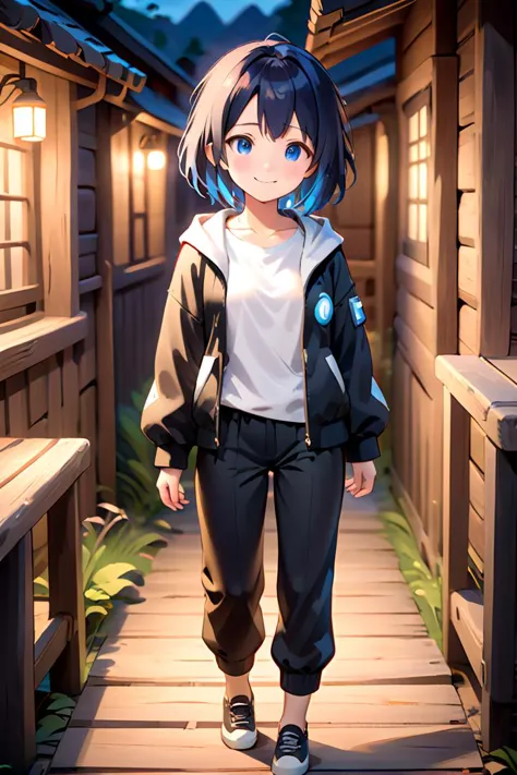 anime girl in a black jacket and white shirt standing on a wooden walkway