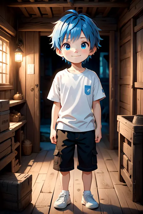 <lora:cutifiedanimecharacterdesign_variant_type_A_SDXL_v10:0.7>
one boy standing alone in a wooden village,  eyes are blue,  hair is short, wearing a white t-shirt and black box pants,
full body, looking at viewer, smile,
The soft lighting and detailed surroundings create an immersive environment where imagination runs wild,
hyper-detailed, high quality visuals, dim Lighting, ultra-realistic, sharply focused, octane render, 8k UHD