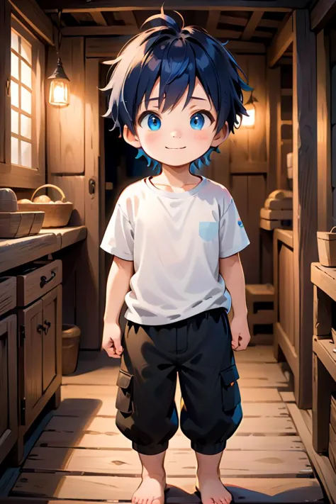 anime boy standing in a kitchen with a wooden floor