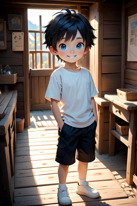 <lora:cutifiedanimecharacterdesign_variant_type_A_SDXL_v10:0.7>
one boy standing alone in a wooden village,  eyes are blue,  hai...