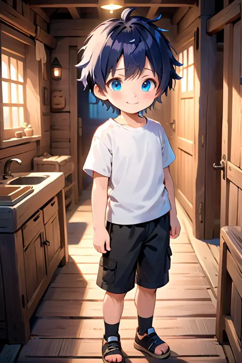 anime boy standing in a kitchen with a sink and a window