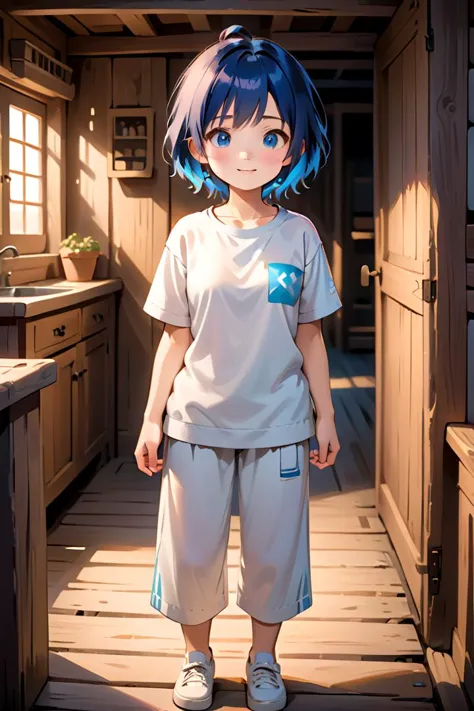 anime girl with blue hair standing in a kitchen with a wooden floor