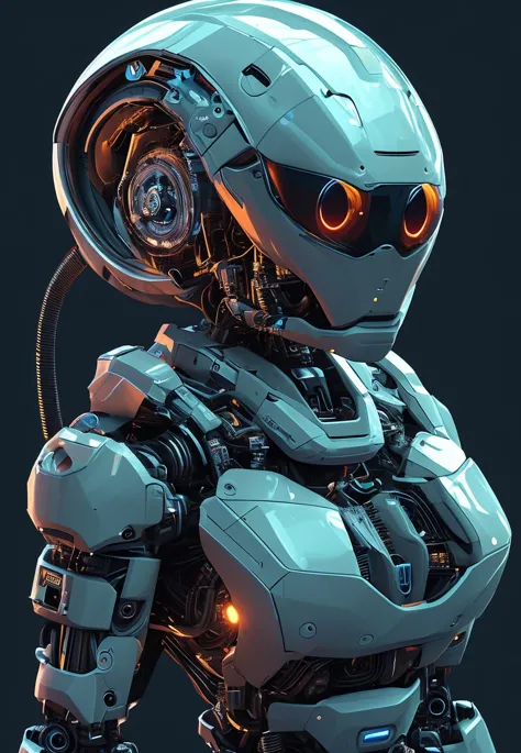 a close up of a robot with a glowing eye and a helmet