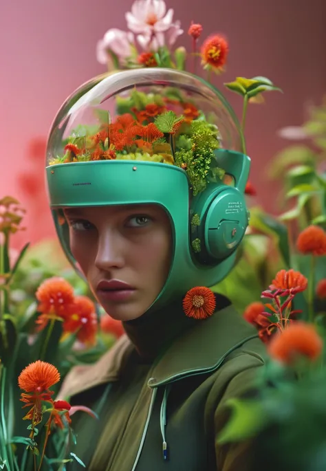 arafed woman wearing a helmet with flowers on her head