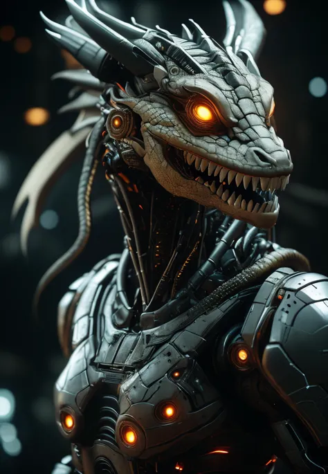 a close up of a dragon with glowing eyes and a metal body