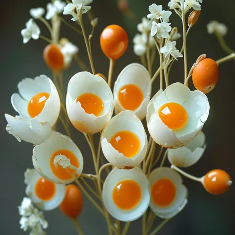 there are eggs and oranges on a stem in a vase