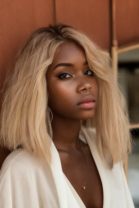 a woman with blonde hair and a white shirt leaning against a wall