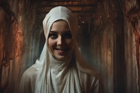 a woman in a white hijab smiles in a hallway