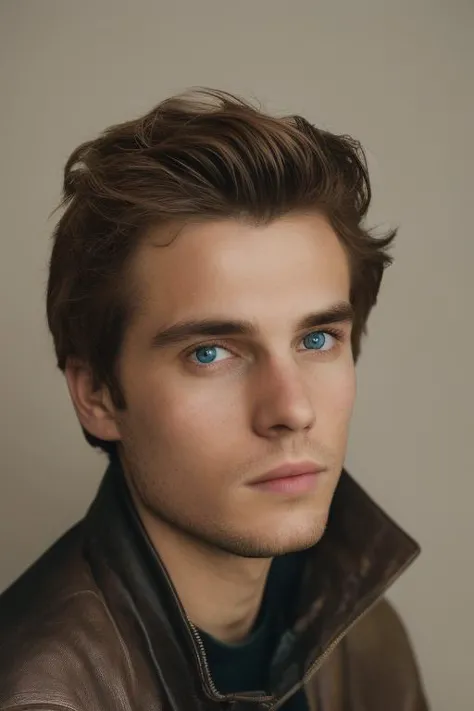 a man with blue eyes and a brown jacket