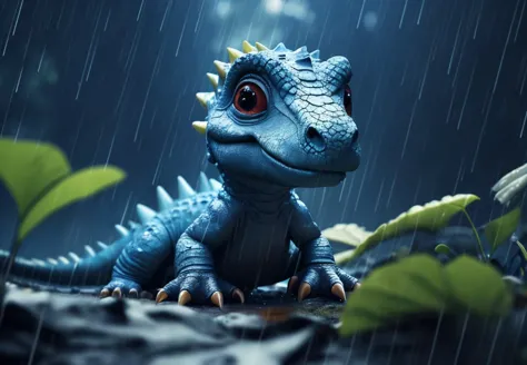 a close up of a toy dinosaur sitting in the rain