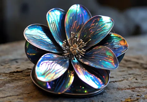 abstract shiny tin flower with a glistening patina of iridescent antimatter