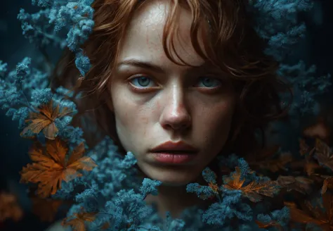 a woman with red hair and blue eyes is surrounded by leaves