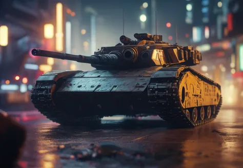 a close up of a tank on a city street at night