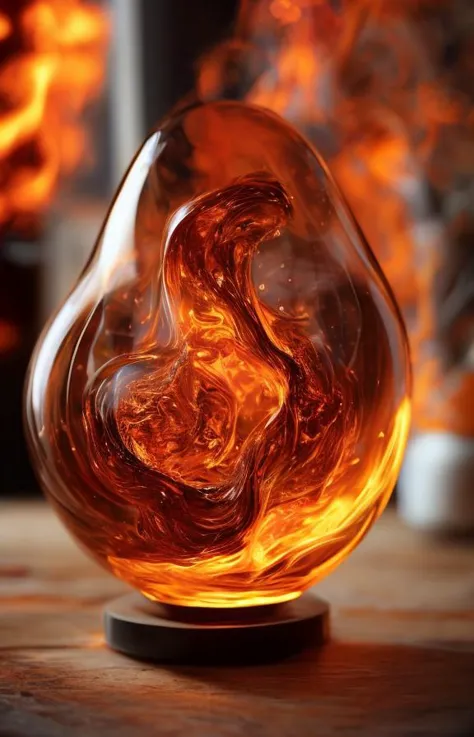 a close up of a glass sculpture on a table with fire in the background