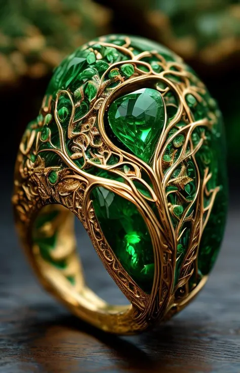 a close up of a ring with green stones on it